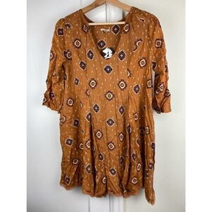 NWT Ecoute Women's Size S Brown Geometric 3/4 Sleeve 100% Rayon Boho Tunic Top